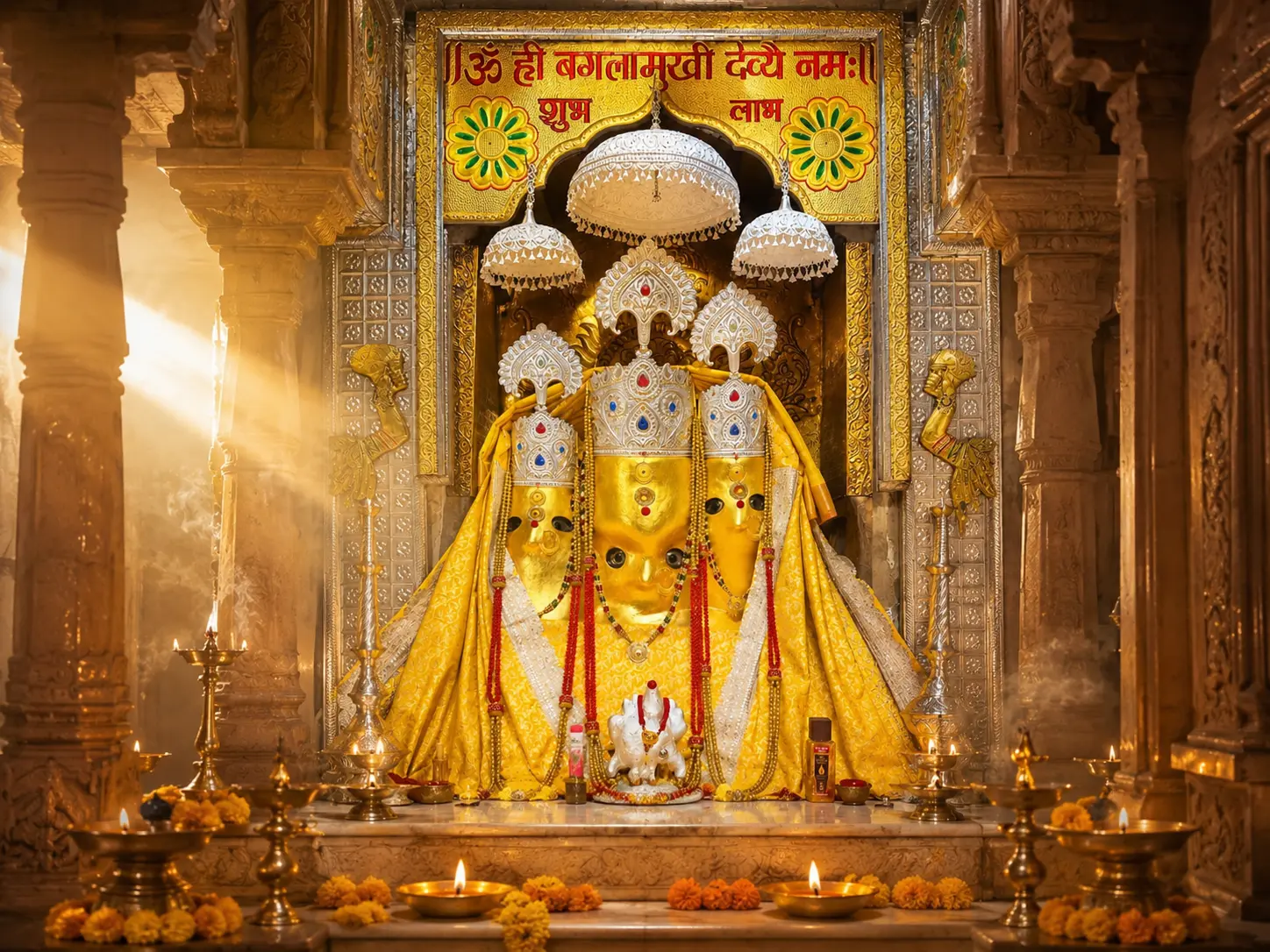 Complete Darshan Guide for Maa Baglamukhi Temple Devotees offering prayers before the idol of Maa Baglamukhi at Nalkheda Siddha Peeth